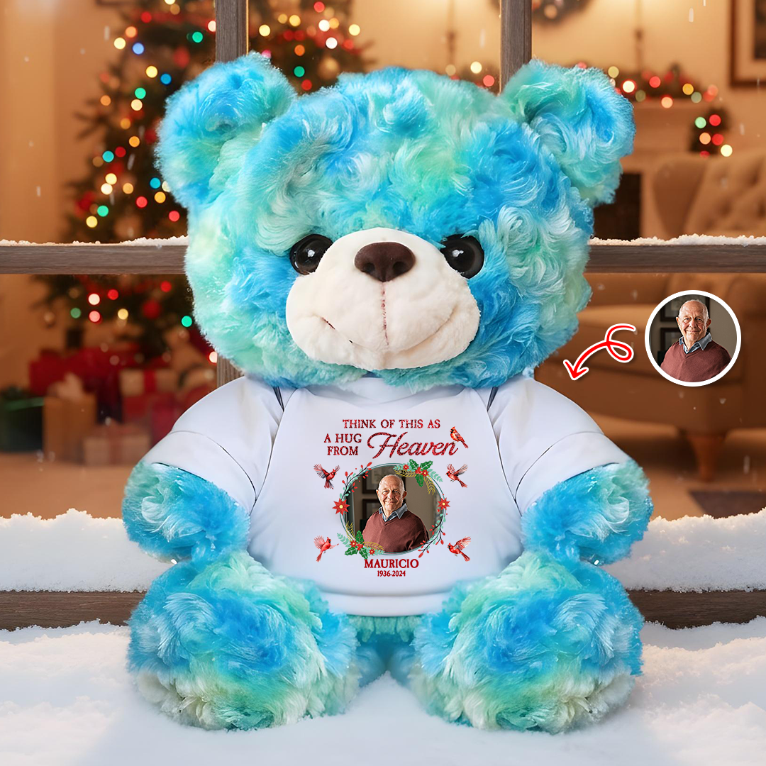 A Christmas Hug From Heaven personalized memorial teddy bear with glitter wings.