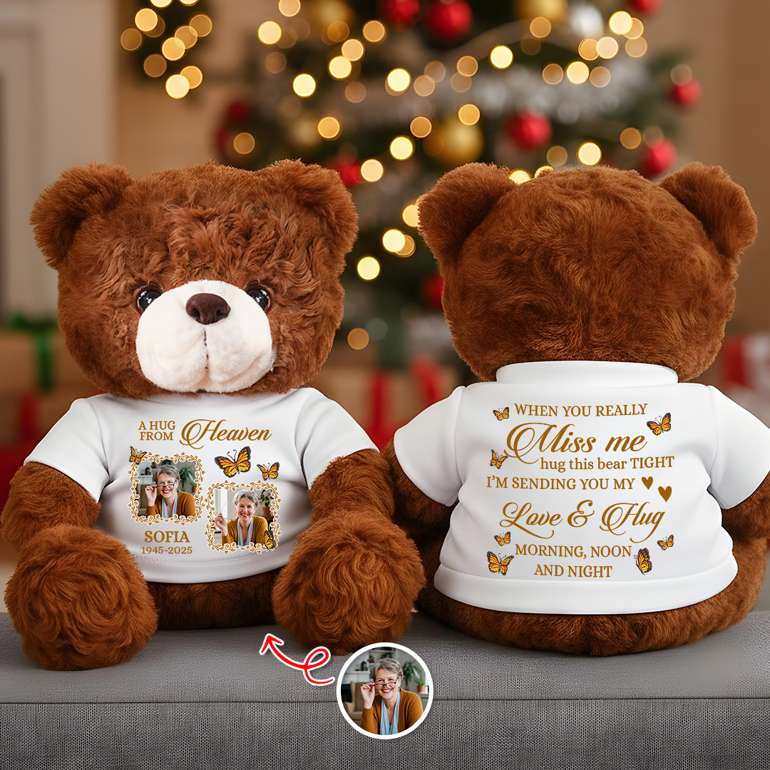 Personalized Memorial Teddy Bear with "A Christmas Hug From Heaven" Photo.