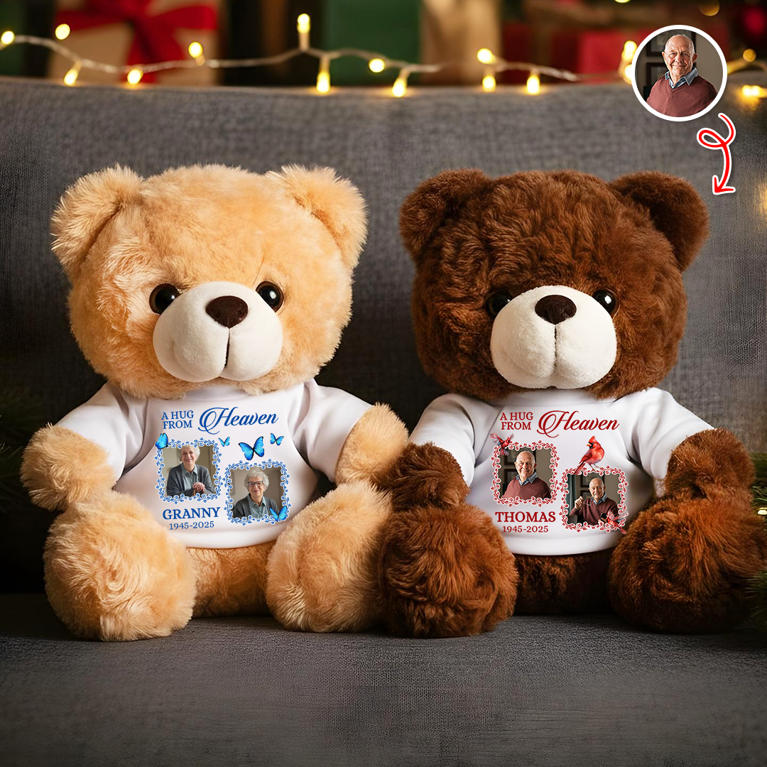 Personalized Memorial Teddy Bear with "A Christmas Hug From Heaven" Photo.