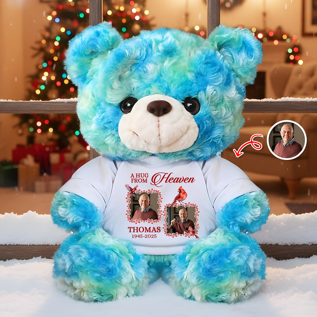 Personalized Memorial Teddy Bear with "A Christmas Hug From Heaven" Photo.