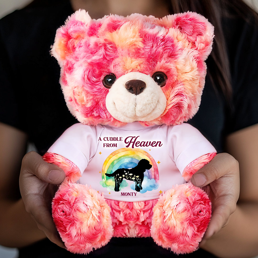 Personalized "A Cuddle From Heaven" dog loss teddy bear plush, a comforting memorial gift.