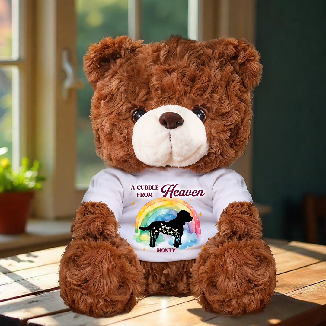 Personalized "A Cuddle From Heaven" dog loss teddy bear plush, a comforting memorial gift.