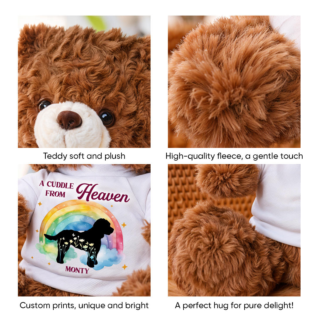 Personalized "A Cuddle From Heaven" dog loss teddy bear plush, a comforting memorial gift.