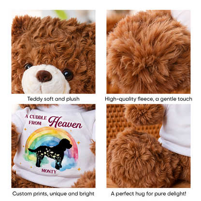 Personalized "A Cuddle From Heaven" dog loss teddy bear plush, a comforting memorial gift.