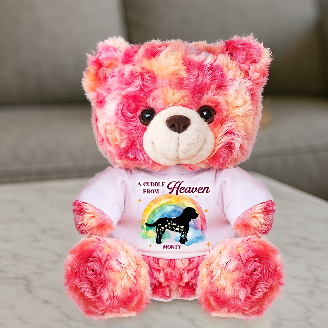 Personalized "A Cuddle From Heaven" dog loss teddy bear plush, a comforting memorial gift.