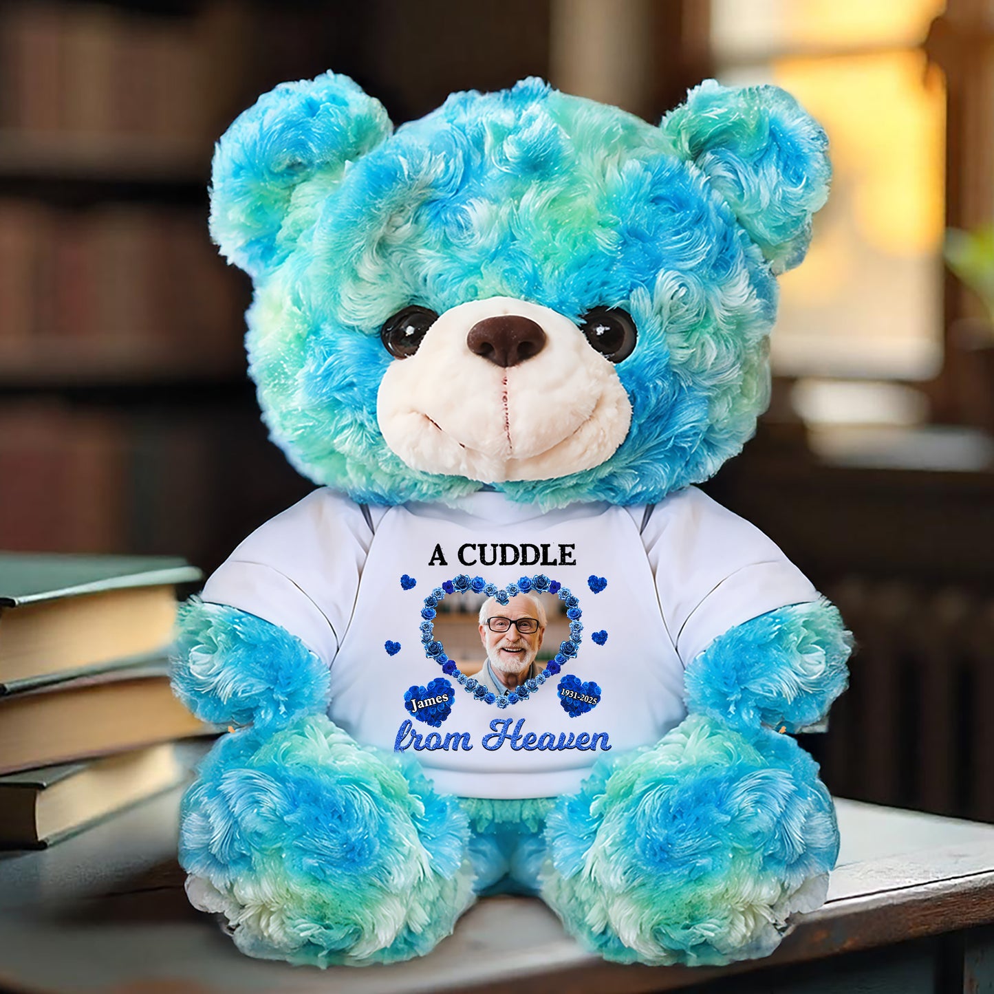 Personalized memorial teddy bear plush with "A Cuddle From Heaven" flowers design.