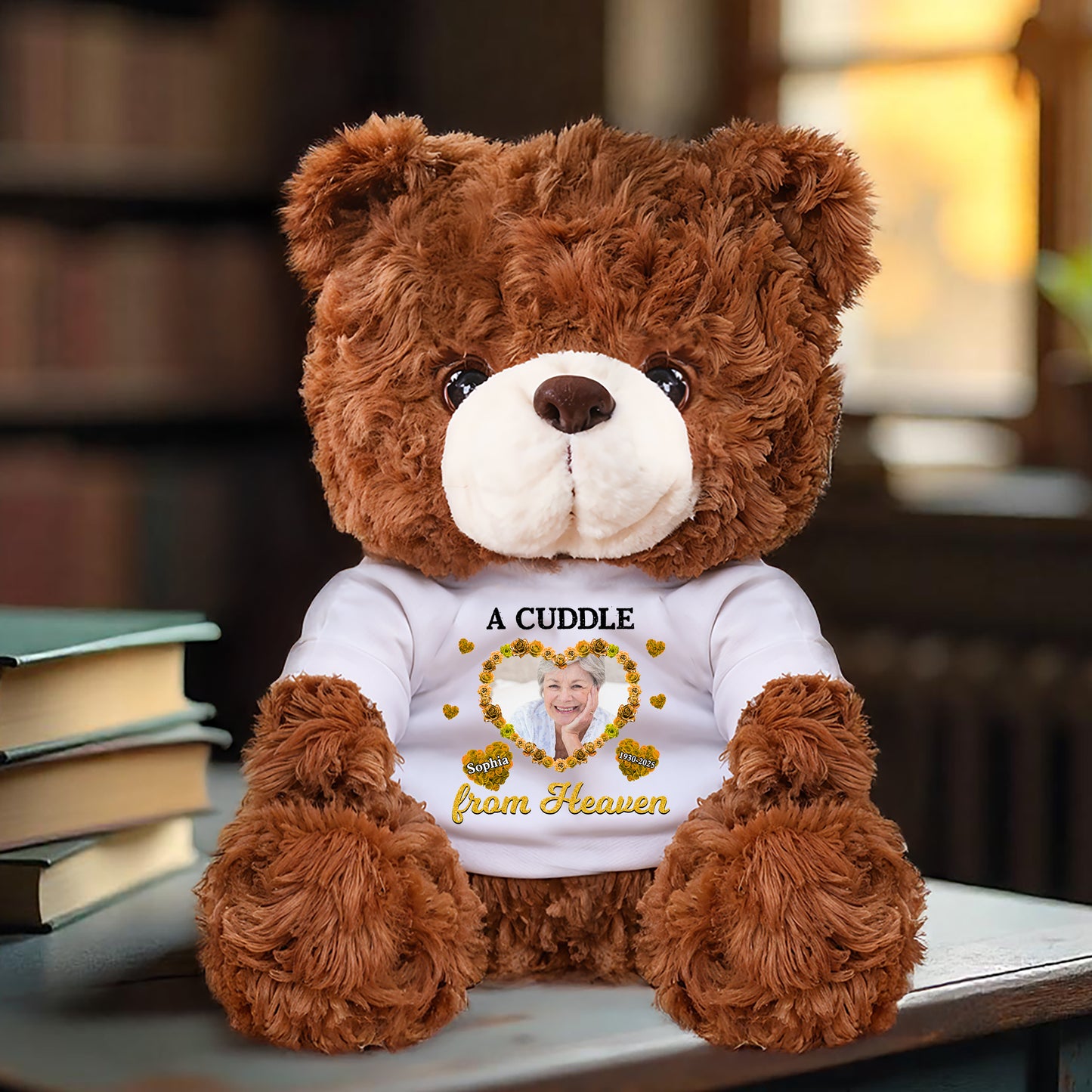Personalized memorial teddy bear plush with "A Cuddle From Heaven" flowers design.