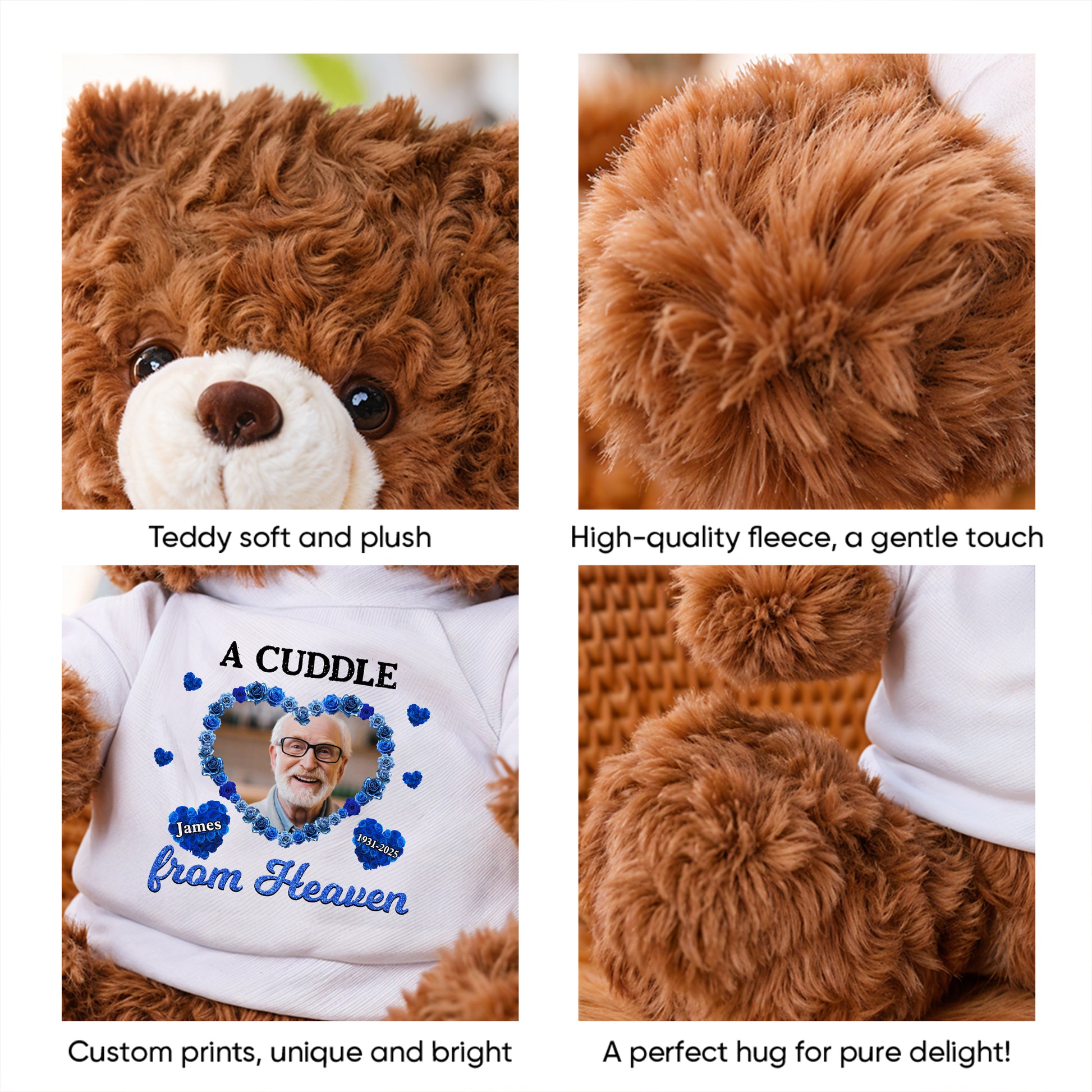 Personalized memorial teddy bear plush with "A Cuddle From Heaven" flowers design.