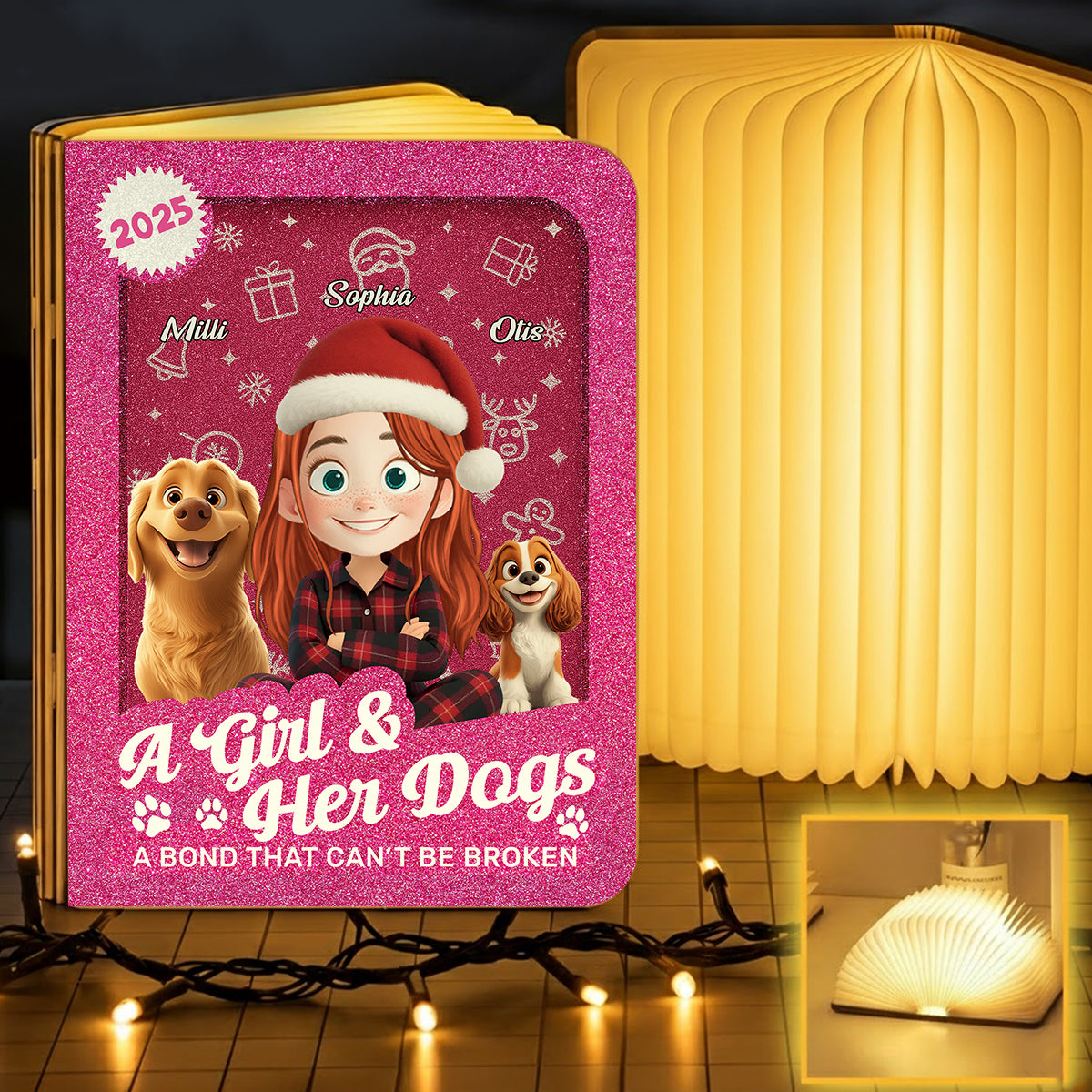 A Girl and Her Dogs Cartoonized Style Personalized Book Lamp from Jillian Customs.