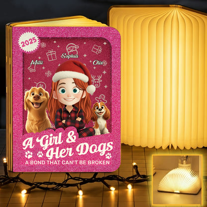 A Girl and Her Dogs Cartoonized Style Personalized Book Lamp from Jillian Customs.