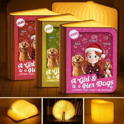 A Girl and Her Dogs Cartoonized Style Personalized Book Lamp from Jillian Customs.