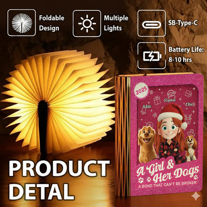 A Girl and Her Dogs Cartoonized Style Personalized Book Lamp from Jillian Customs.