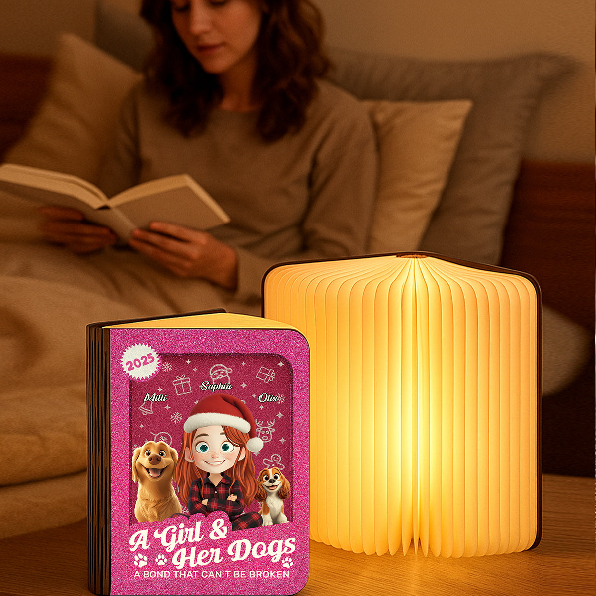 A Girl and Her Dogs Cartoonized Style Personalized Book Lamp from Jillian Customs.