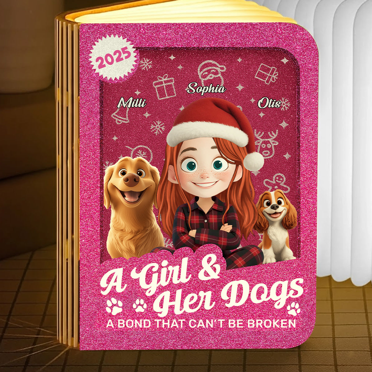 A Girl and Her Dogs Cartoonized Style Personalized Book Lamp from Jillian Customs.