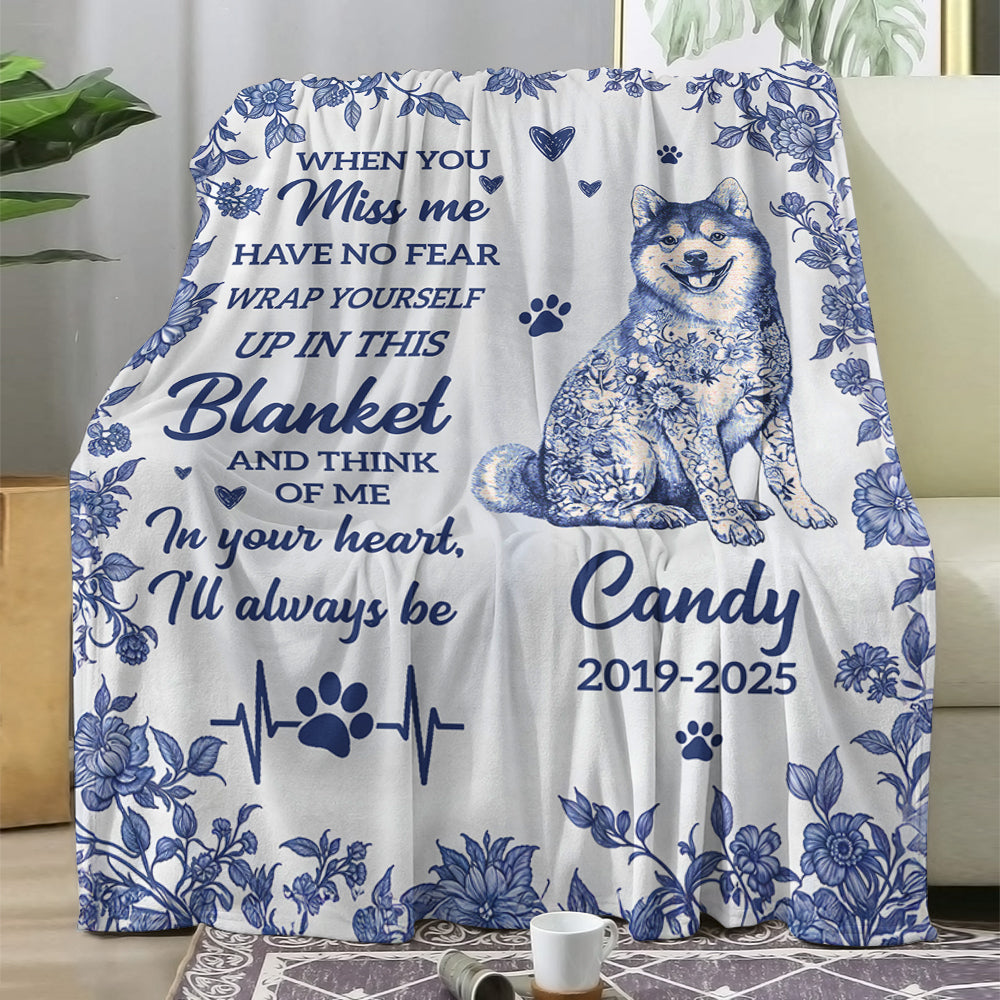 Personalized dog memorial blanket with a heart design, a comforting sympathy gift.