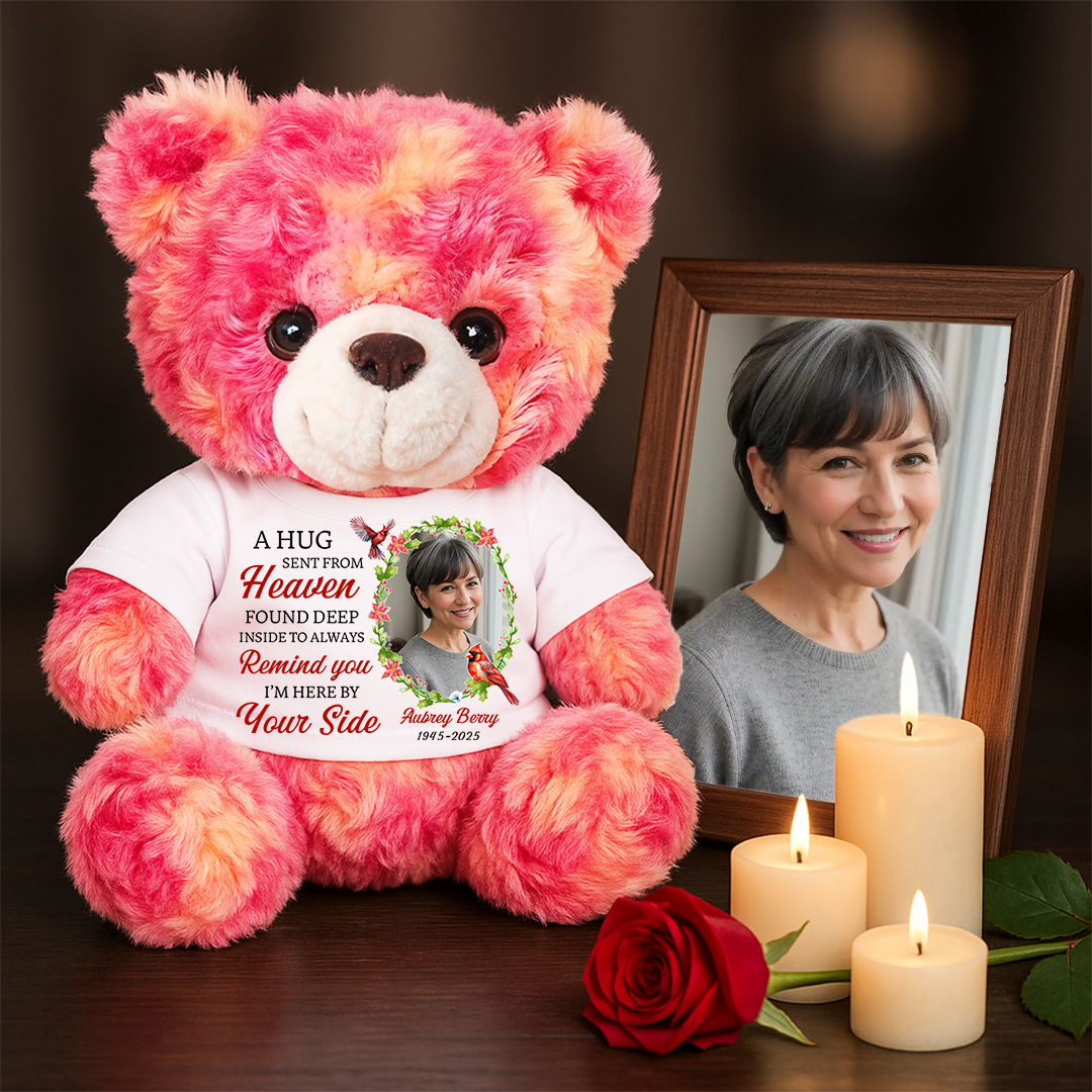 Personalized memorial teddy bear plush with "A Hug From Heaven" message.