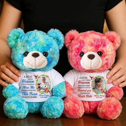 Personalized memorial teddy bear plush with "A Hug From Heaven" message.