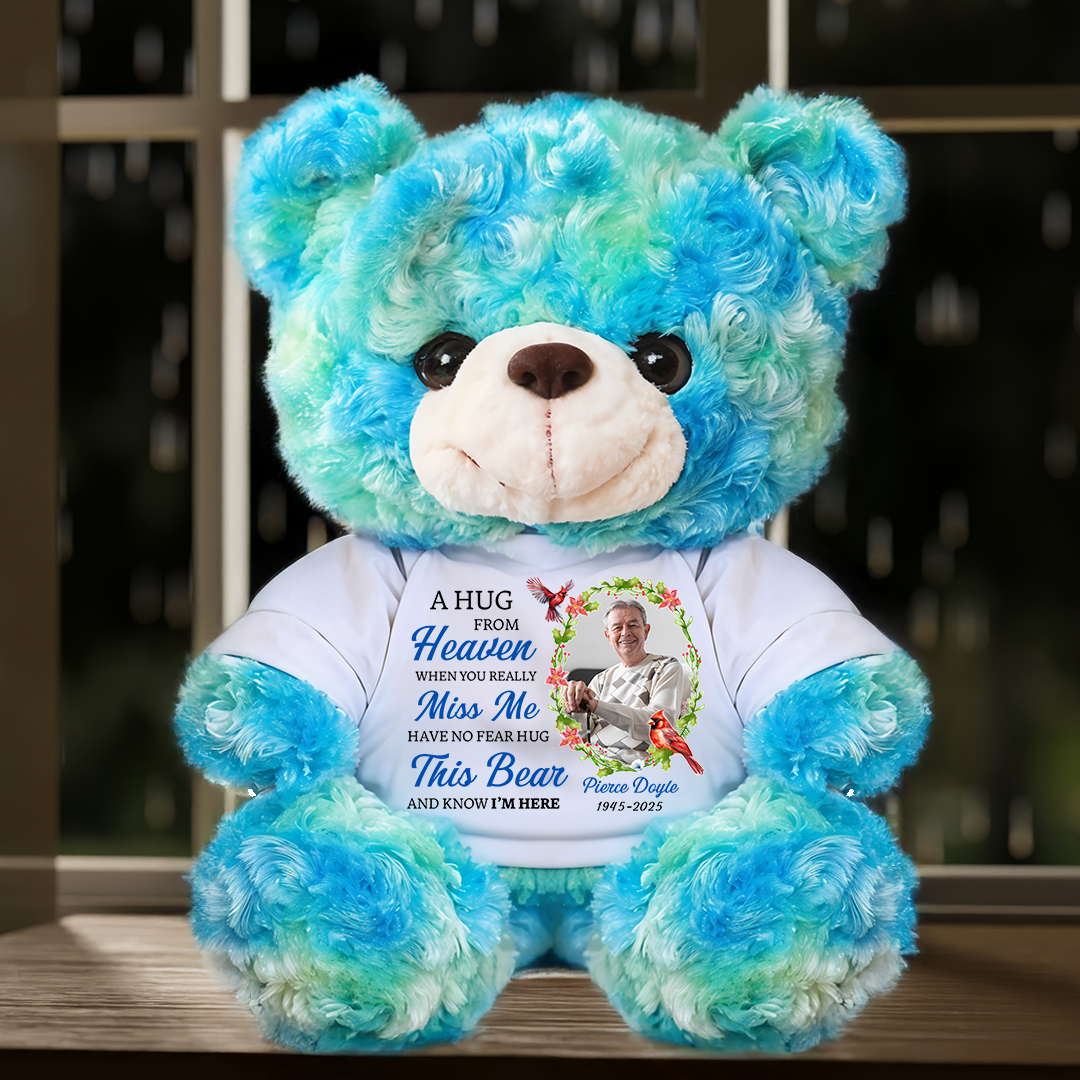 Personalized memorial teddy bear plush with "A Hug From Heaven" message.