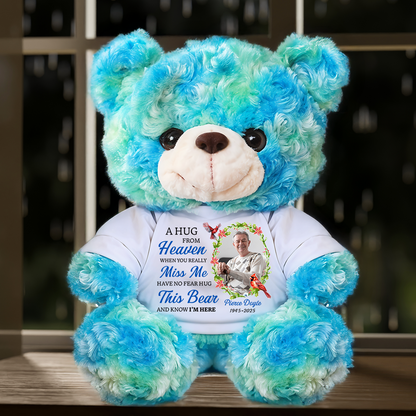 Personalized memorial teddy bear plush with "A Hug From Heaven" message.