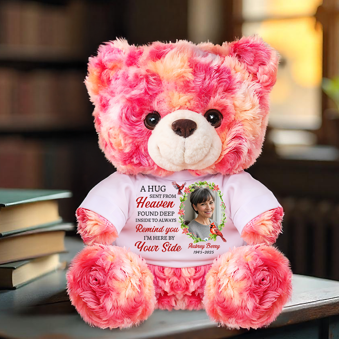 Personalized memorial teddy bear plush with "A Hug From Heaven" message.