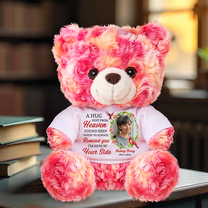 Personalized memorial teddy bear plush with "A Hug From Heaven" message.