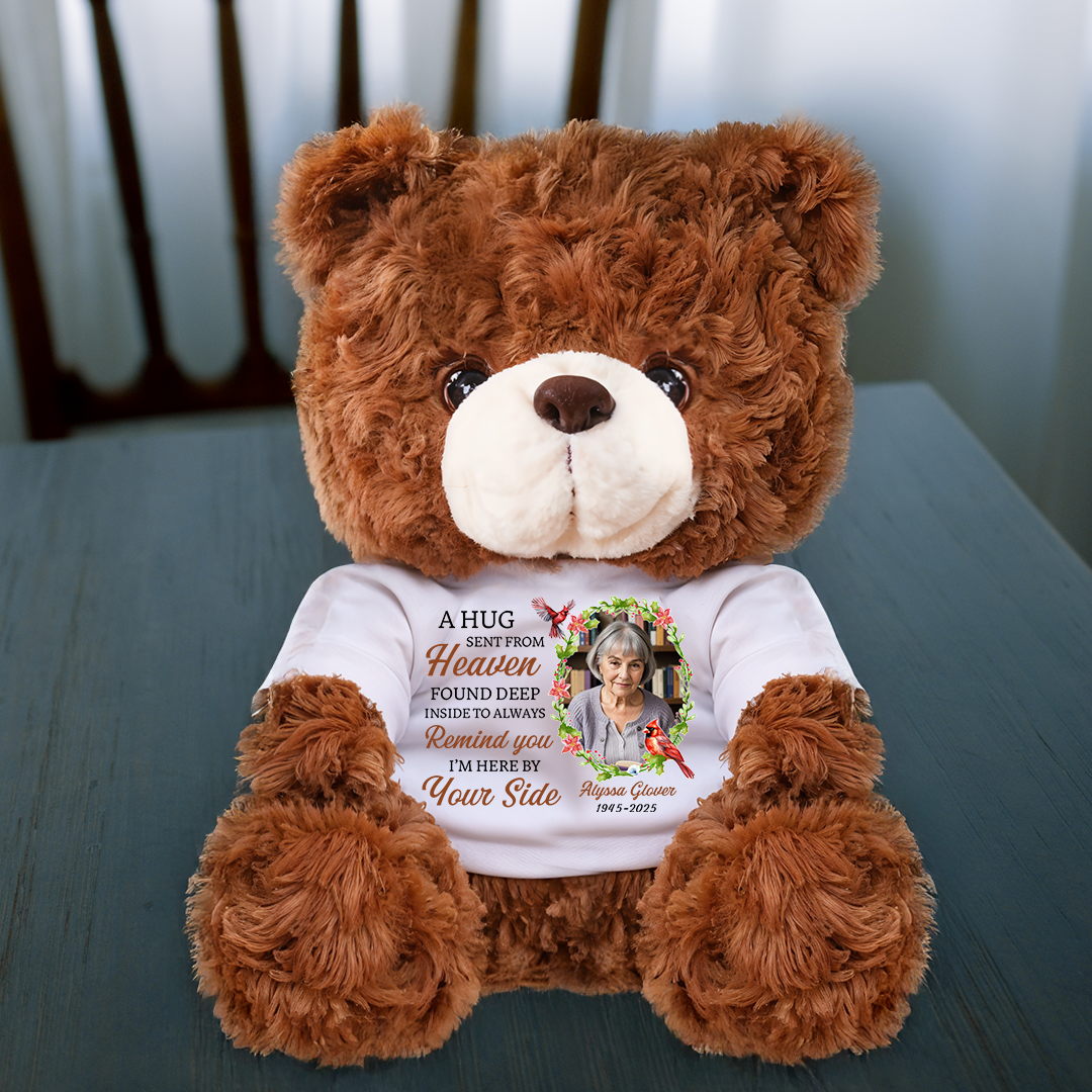 Personalized memorial teddy bear plush with "A Hug From Heaven" message.