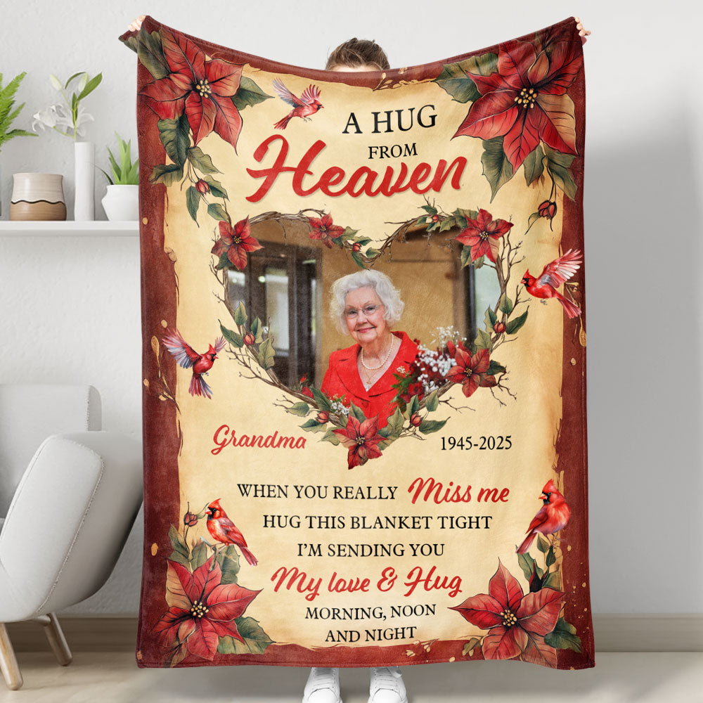 A Hug From Heaven memorial blanket with cardinal flowers, a personalized sympathy gift.