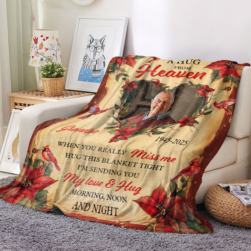 A Hug From Heaven memorial blanket with cardinal flowers, a personalized sympathy gift.