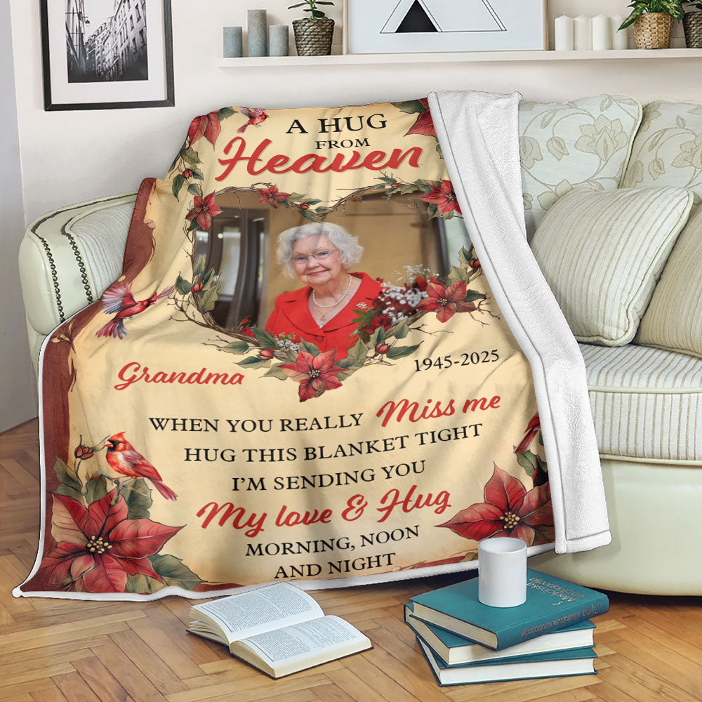 A Hug From Heaven memorial blanket with cardinal flowers, a personalized sympathy gift.