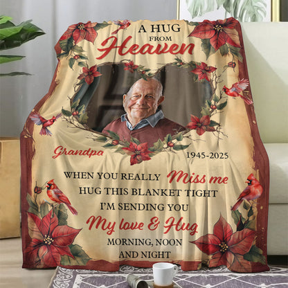 A Hug From Heaven memorial blanket with cardinal flowers, a personalized sympathy gift.
