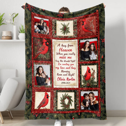 A Hug From Heaven Cardinal Memorial Blanket, personalized sympathy gift.