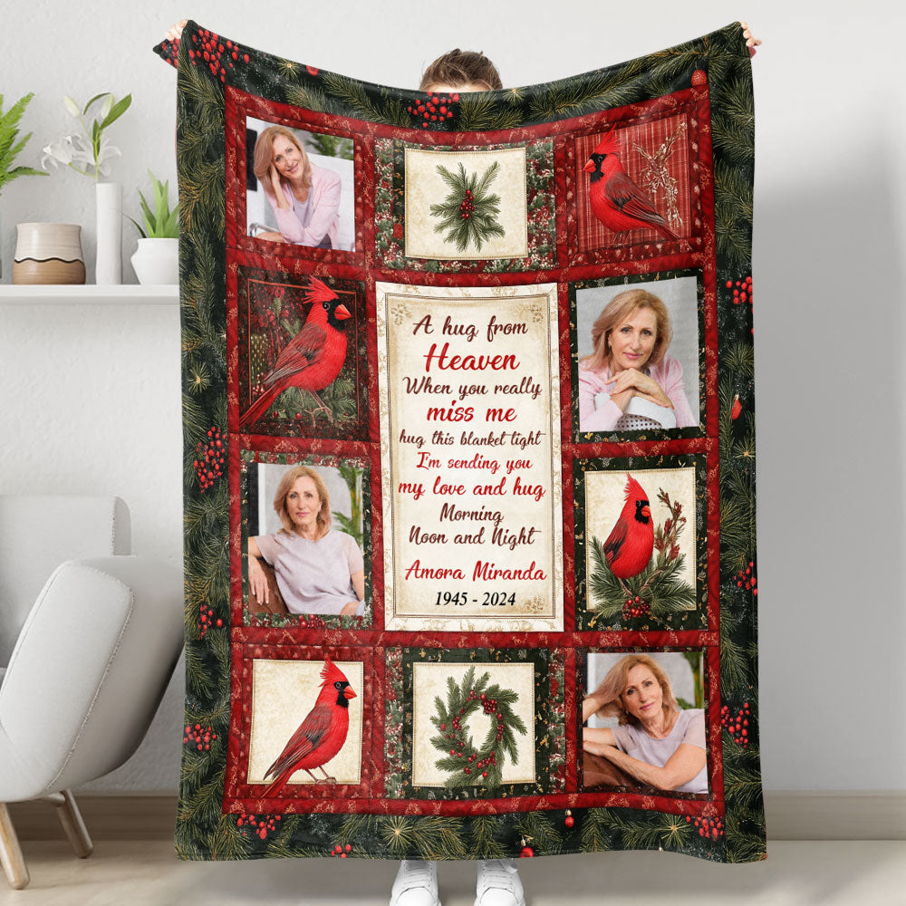 A Hug From Heaven Cardinal Memorial Blanket, personalized sympathy gift.