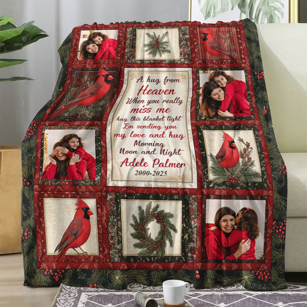 A Hug From Heaven Cardinal Memorial Blanket, personalized sympathy gift.