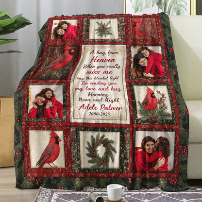 A Hug From Heaven Cardinal Memorial Blanket, personalized sympathy gift.