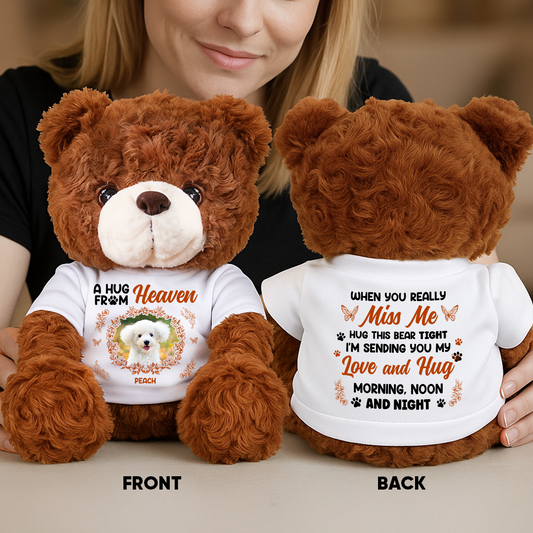 Personalized "A Hug From Heaven" teddy bear plush with custom flower detail.