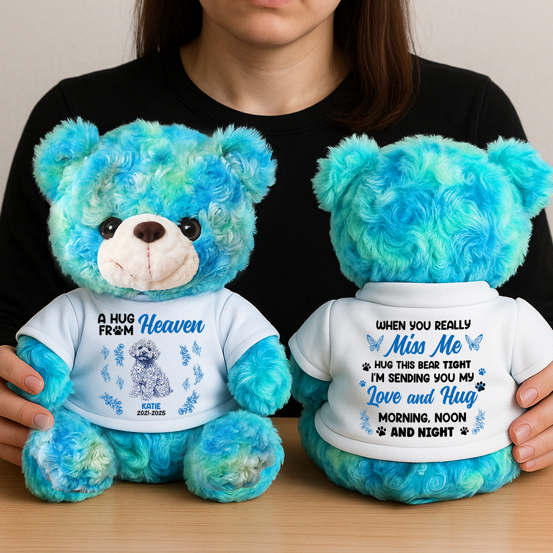 Personalized "A Hug From Heaven" teddy bear plush with custom flower detail.