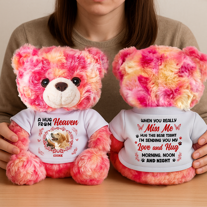 Personalized "A Hug From Heaven" teddy bear plush with custom flower detail.