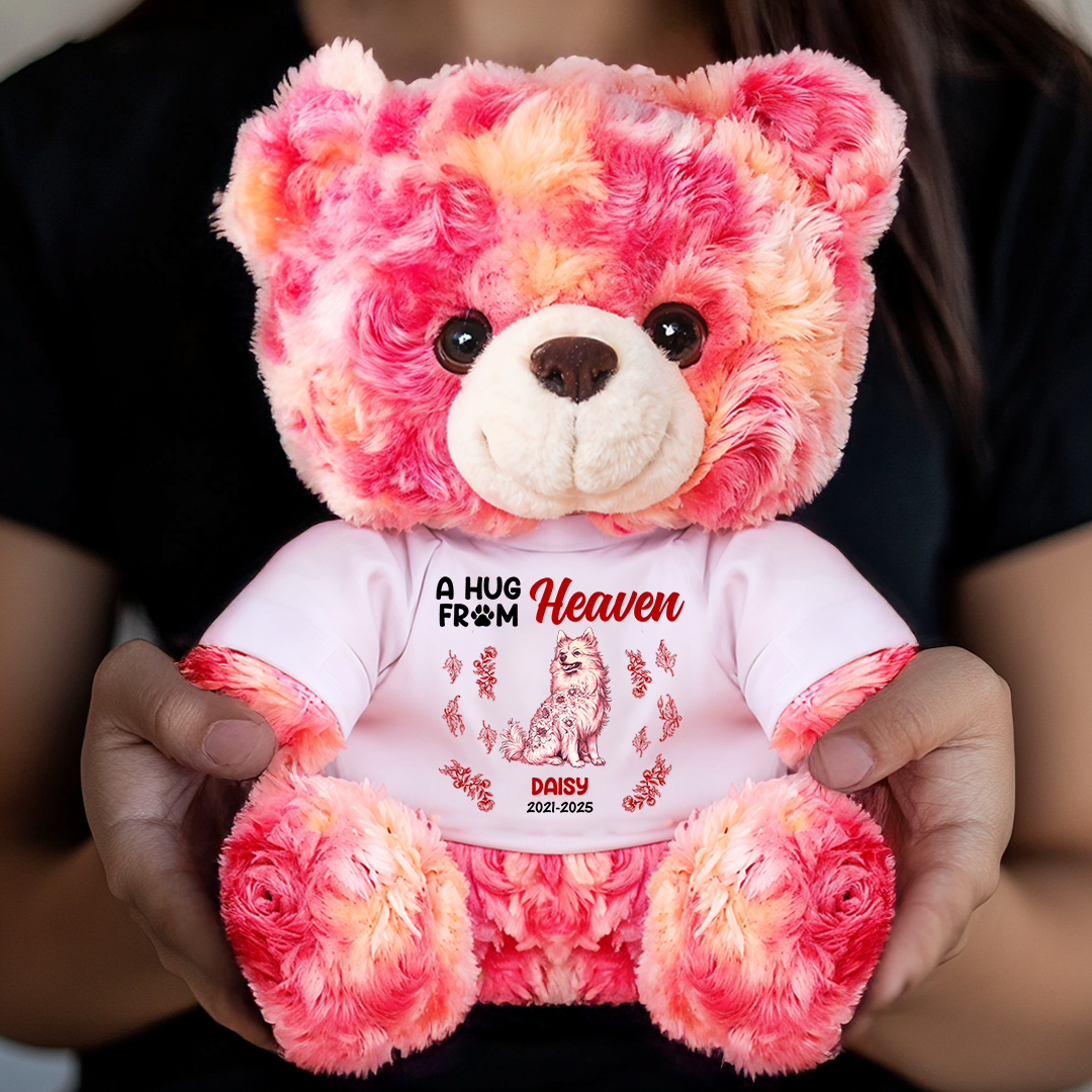 Personalized "A Hug From Heaven" teddy bear plush with custom flower detail.