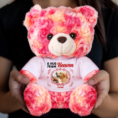 Personalized "A Hug From Heaven" teddy bear plush with custom flower detail.
