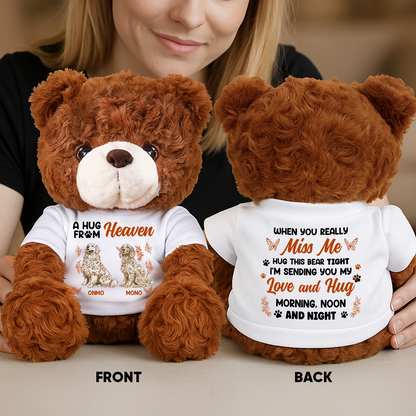 Personalized "A Hug From Heaven" teddy bear plush with custom flower detail.