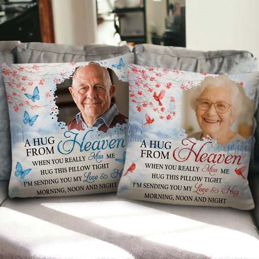 A Hug From Heaven memorial pillow; personalized sympathy gift for grieving family members.