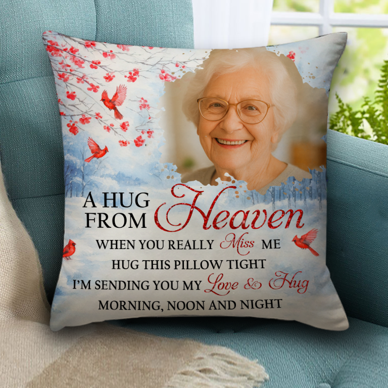 A Hug From Heaven memorial pillow; personalized sympathy gift for grieving family members.
