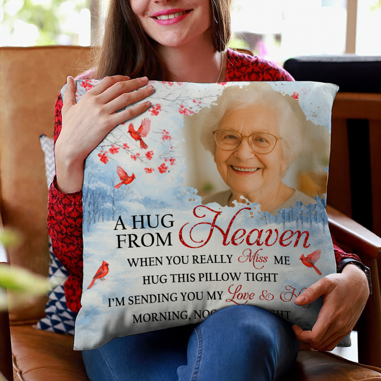 A Hug From Heaven memorial pillow; personalized sympathy gift for grieving family members.