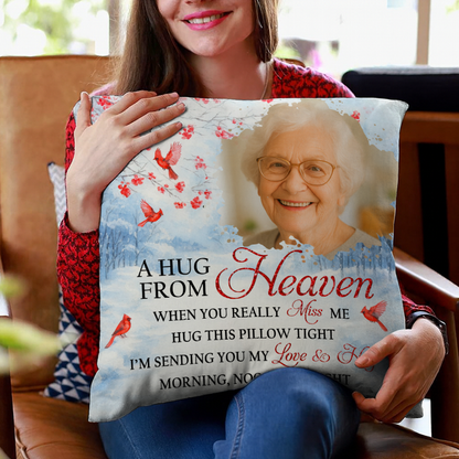 A Hug From Heaven memorial pillow; personalized sympathy gift for grieving family members.