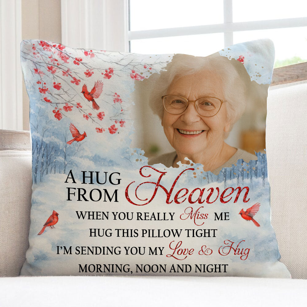 A Hug From Heaven memorial pillow; personalized sympathy gift for grieving family members.