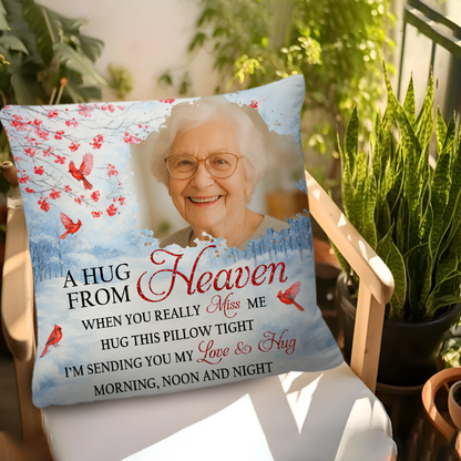 A Hug From Heaven memorial pillow; personalized sympathy gift for grieving family members.