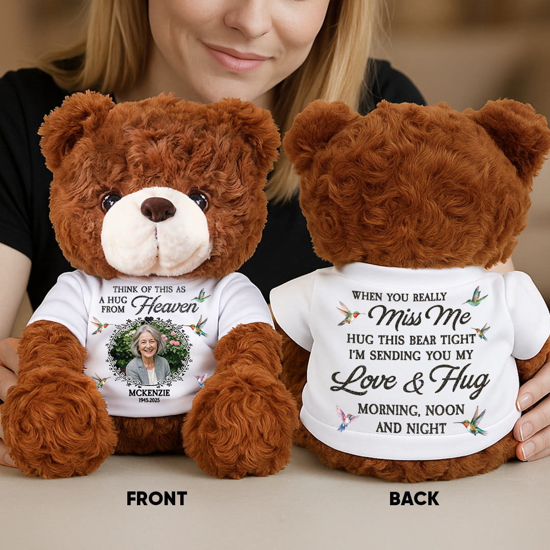 Personalized memorial teddy bear plush with glitter, "A Hug From Heaven" custom keepsake.
