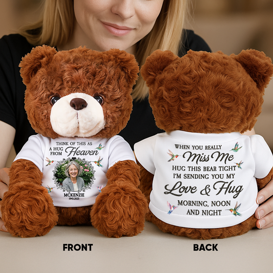 Personalized memorial teddy bear plush with glitter, "A Hug From Heaven" custom keepsake.