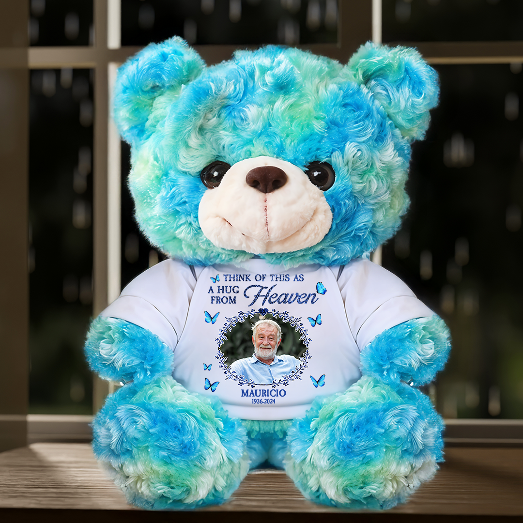 Personalized memorial teddy bear plush with glitter, "A Hug From Heaven" custom keepsake.