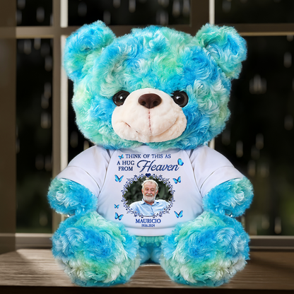 Personalized memorial teddy bear plush with glitter, "A Hug From Heaven" custom keepsake.